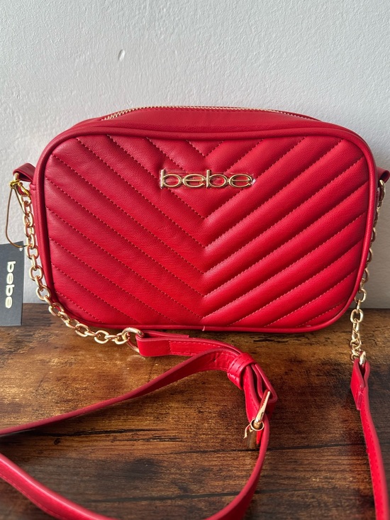 bebe Handbags - Bebe Red Quilted Chevron Crossbody with Gold Chain and Red Strap Gold Logo NWT
